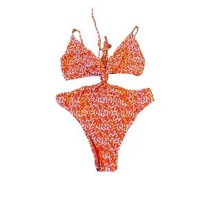Lulus Women's Orange Floral Halter Bikini Set Size M High-Cut 1 Piece